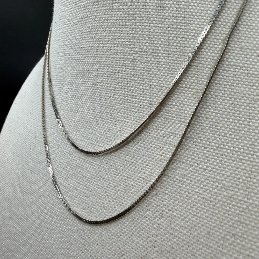 Silver Tone Double Strand Herringbone Chain Necklace Layered Minimalist Jewelry